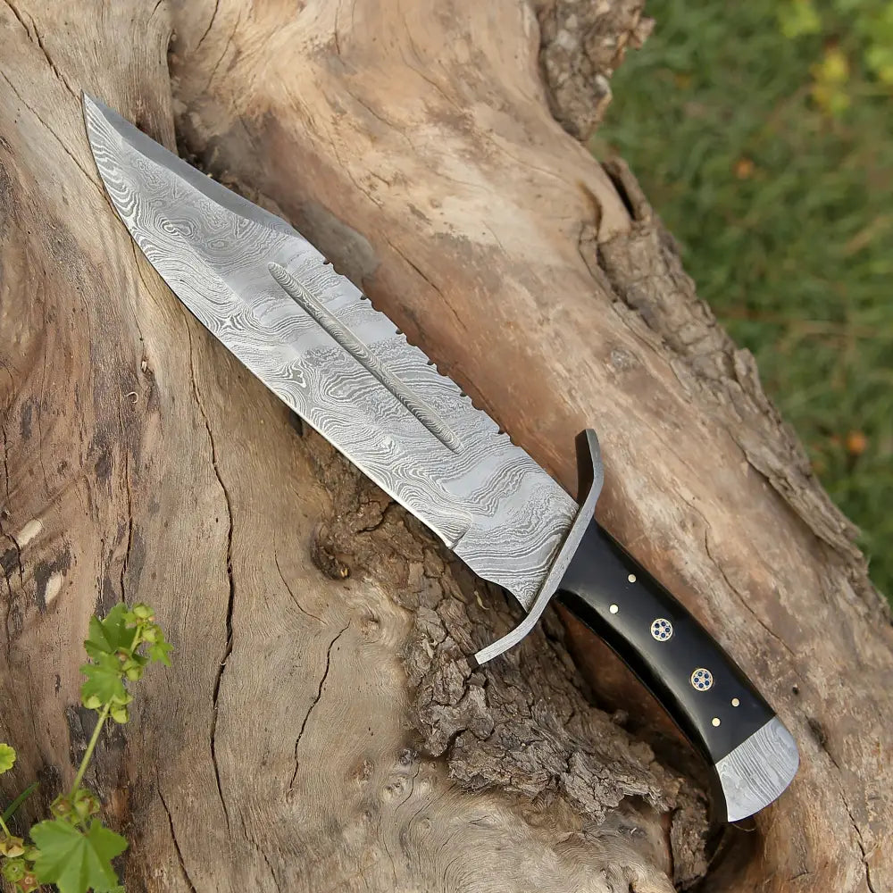 15" Handmade Damascus Steel Bowie Hunting Knife- Buffalo Horn Handle