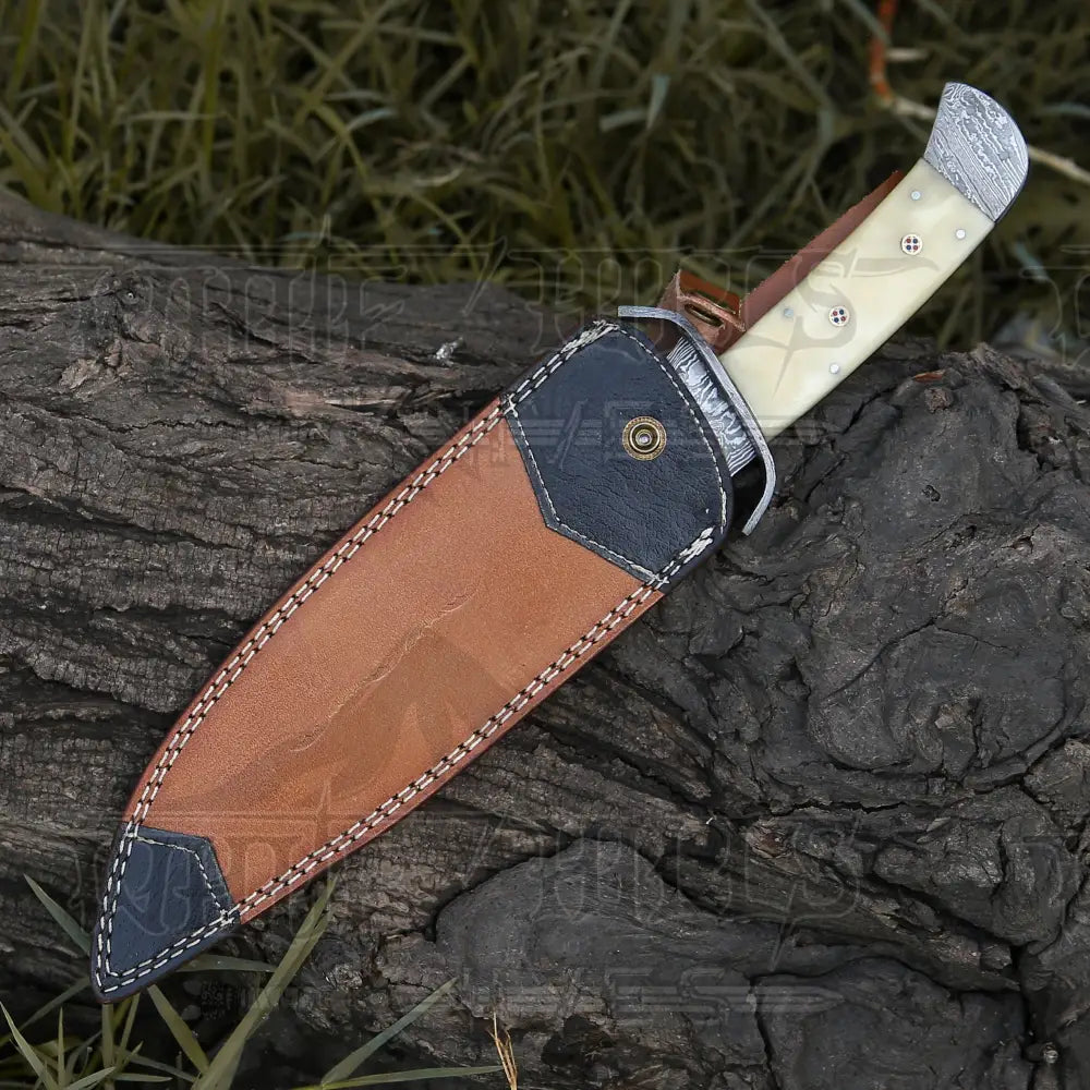 15" Handmade Damascus Steel Bowie Hunting Knife- Full Tang - Camel Bone Handle