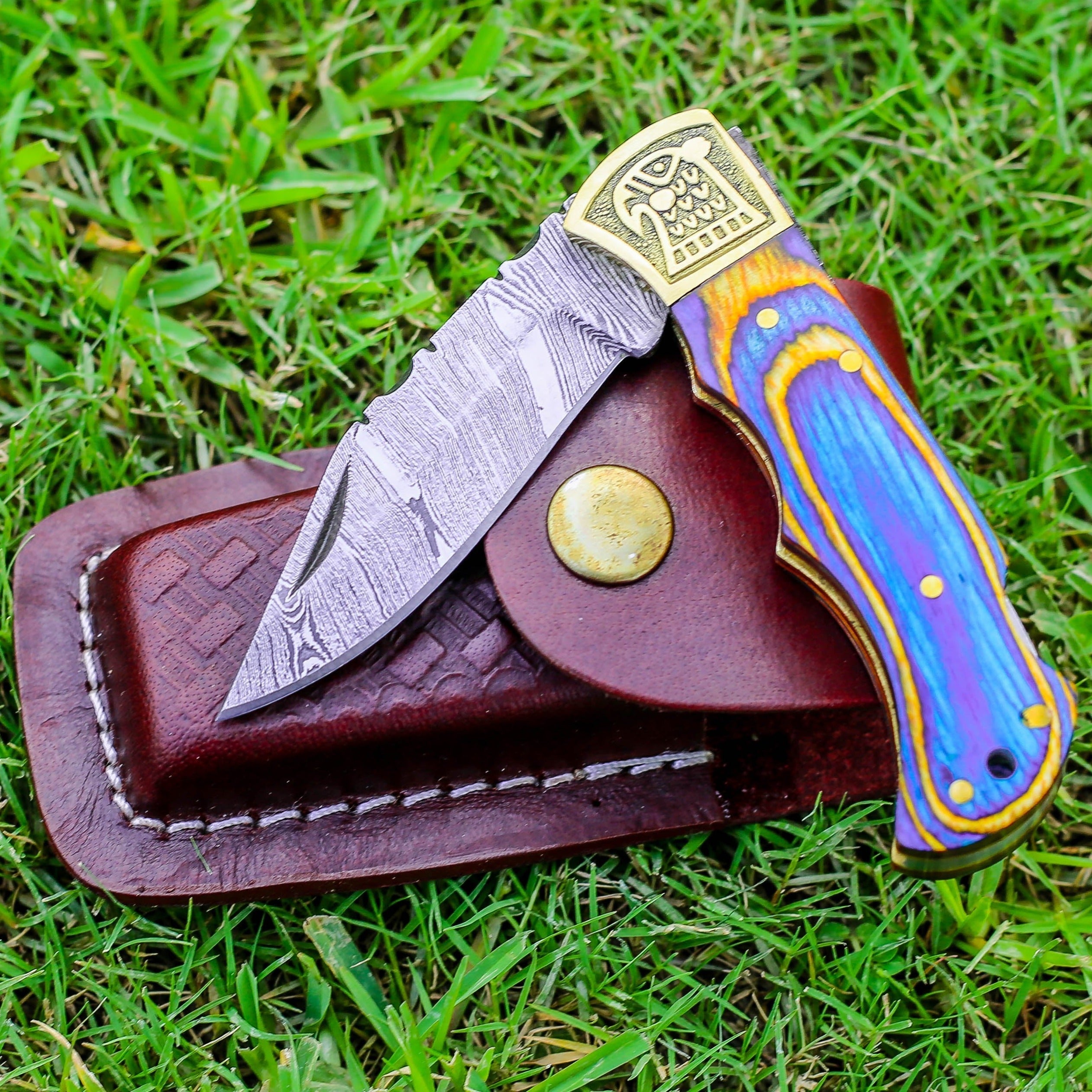 Custom Hand Forged Damascus Folding Knife Stain Wood Handle With Engraved Bolster WH 1558