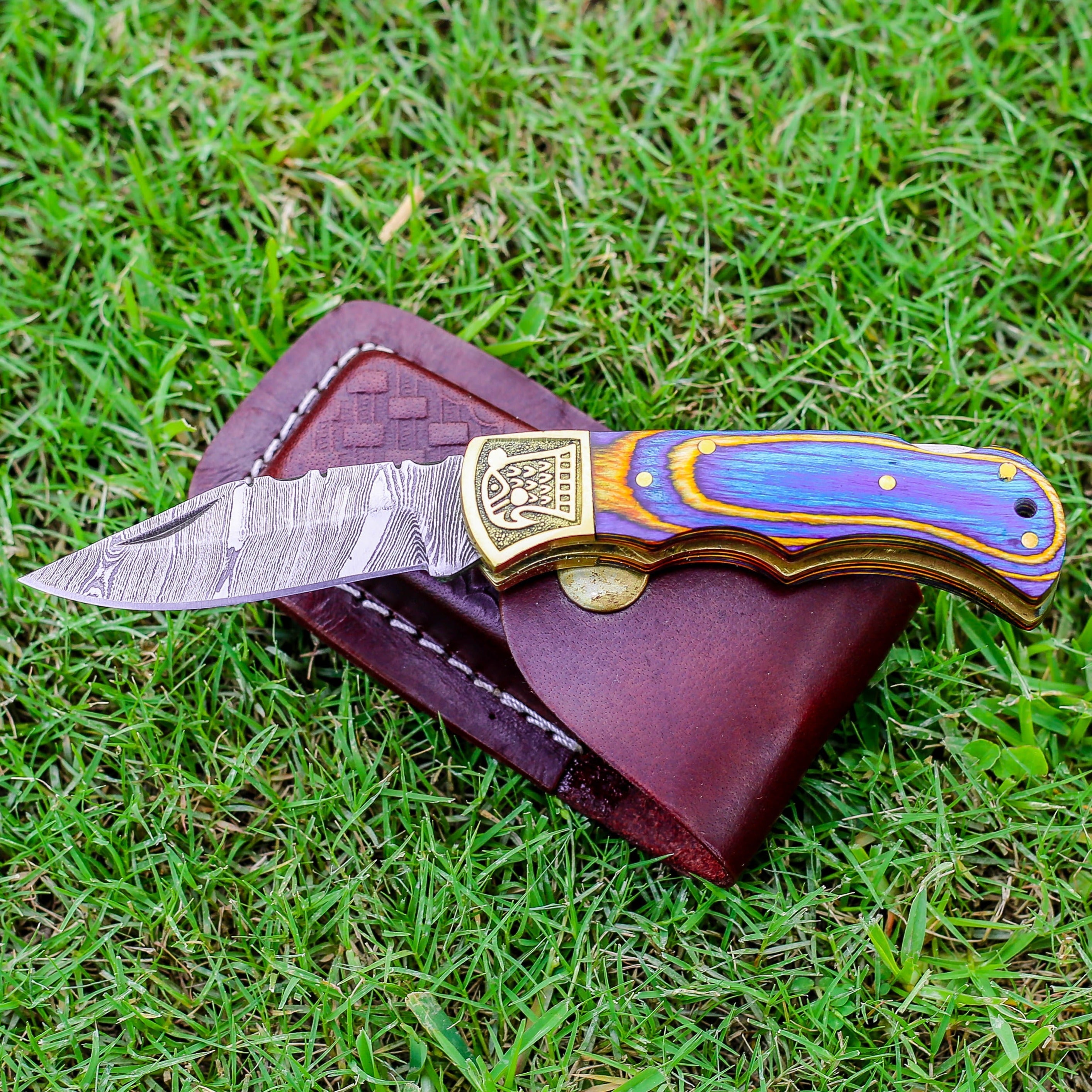 Custom Hand Forged Damascus Folding Knife Stain Wood Handle With Engraved Bolster WH 1558