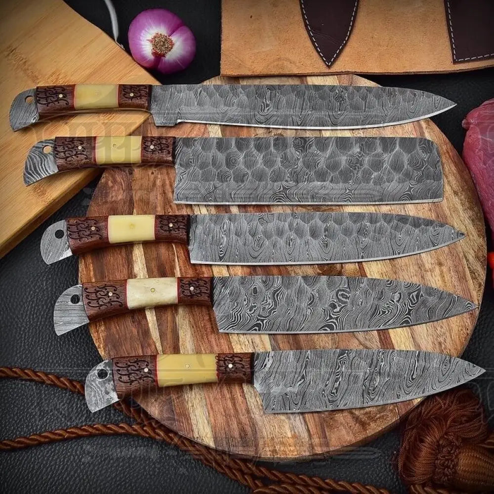 5 Pieces Custom Handmade Damascus Steel Chef Set - 5 Piece Kitchen Knives Set