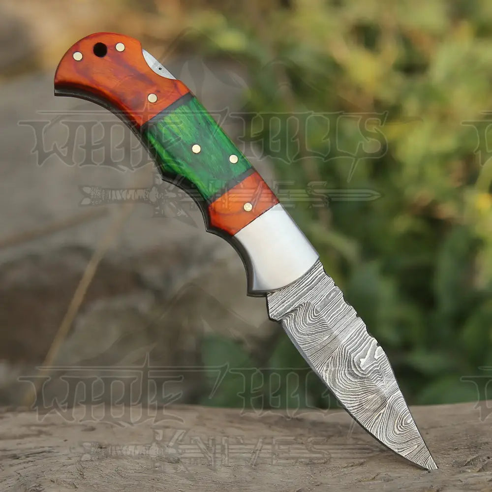 6.5" Handmade Damascus Pocket Knife - Folding Pocket Knife - Color Wood Handle WH 5032