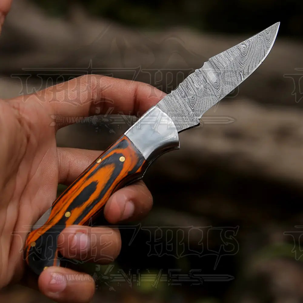 6.5" Handmade Damascus Pocket Knife - Folding Pocket Knife - Colored Wood Handle WH 5042