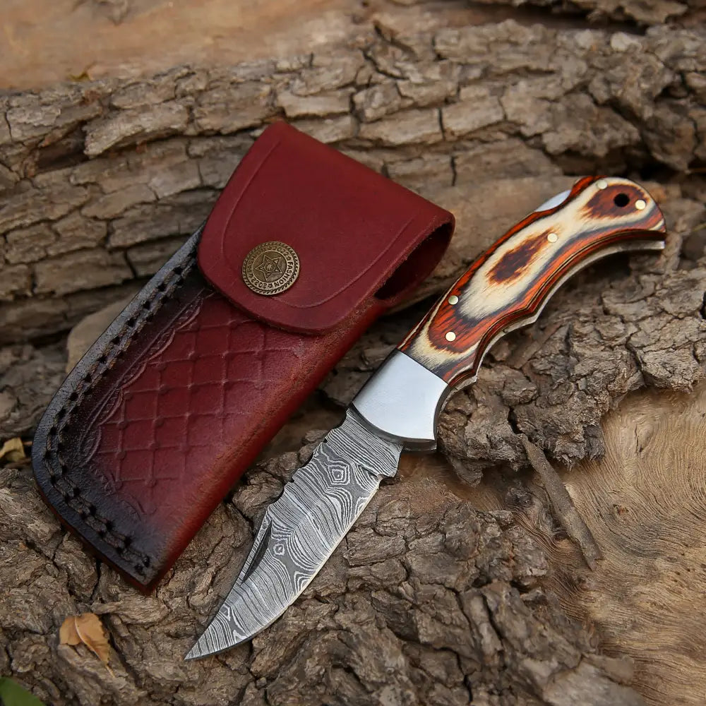 6.5" Handmade Damascus Pocket Knife - Folding Pocket Knife - Stained Wood Handle WH 5030