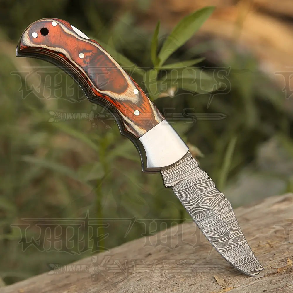 6.5" Handmade Damascus Pocket Knife - Folding Pocket Knife - Stained Wood Handle WH 5030