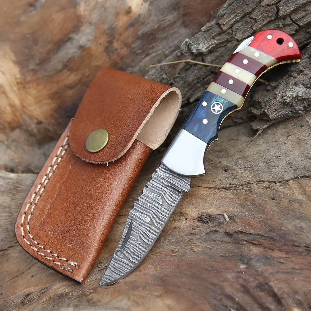 Handmade Damascus Pocket Knife with Pocket Clip - Folding Pocket Knife - Texas Flag Handle WH 5031-CP