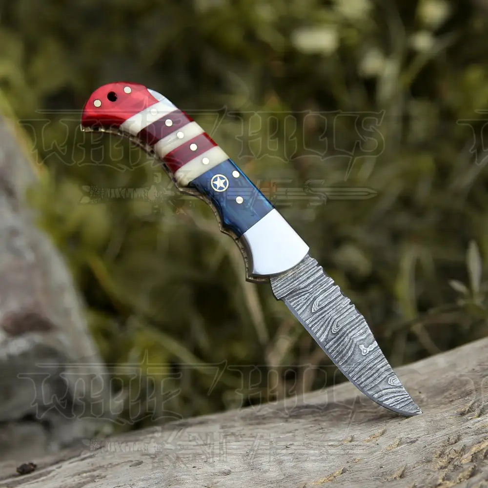 Handmade Damascus Pocket Knife with Pocket Clip - Folding Pocket Knife - Texas Flag Handle WH 5031-CP