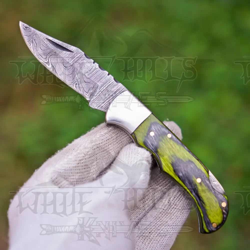 6.5" Handmade Damascus Pocket Knife with Clip - Green Wood Handle WH 5041-CP