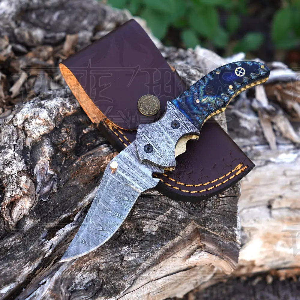 7" Handmade Damascus Pocket Knife with Pocket Clip - Blue Pakka Wood Handle - Damascus Bolster WH 3531 -CP