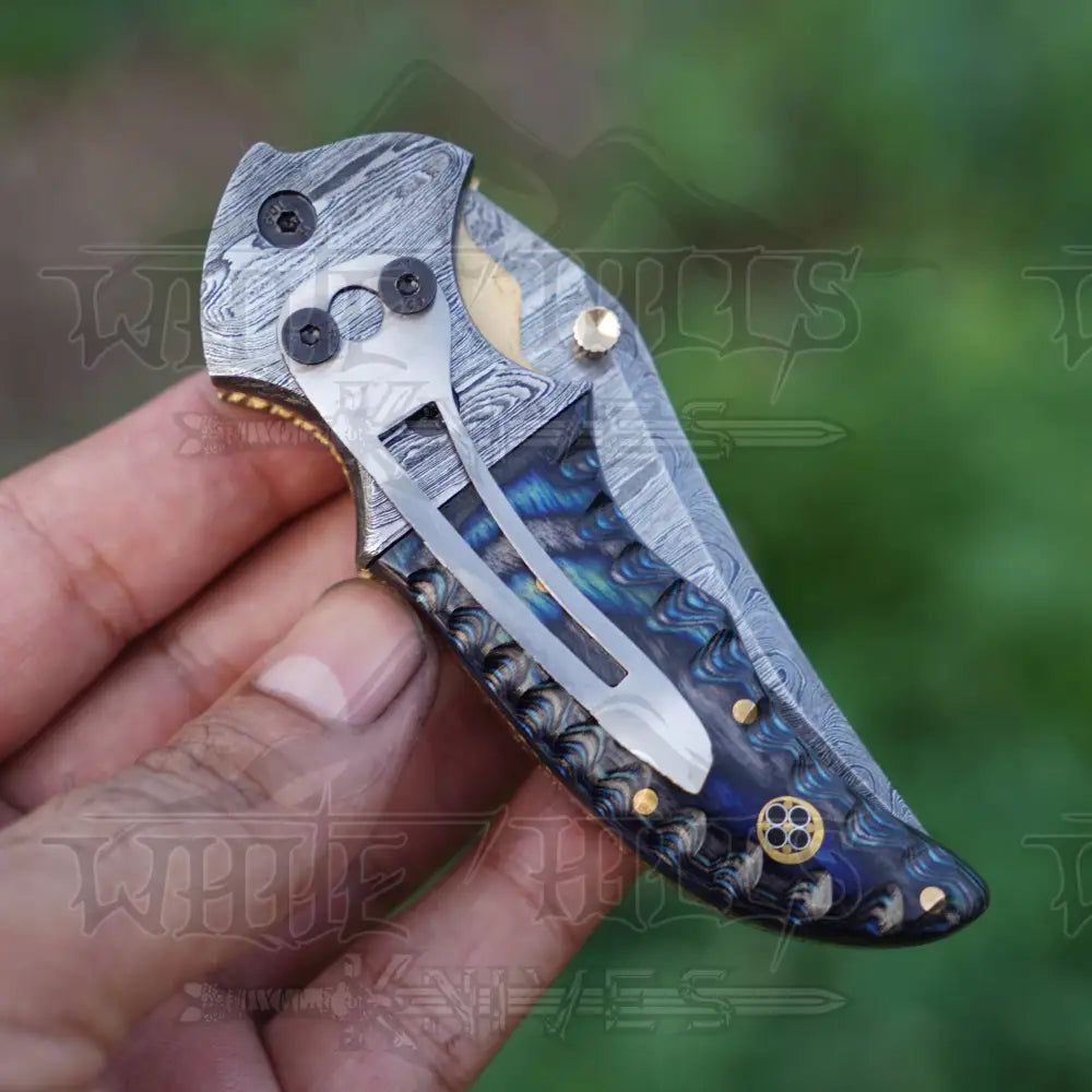 7" Handmade Damascus Pocket Knife with Pocket Clip - Blue Pakka Wood Handle - Damascus Bolster WH 3531 -CP