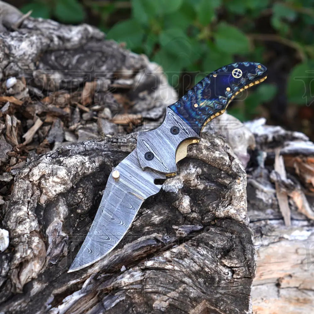 7" Handmade Damascus Pocket Knife with Pocket Clip - Blue Pakka Wood Handle - Damascus Bolster WH 3531 -CP