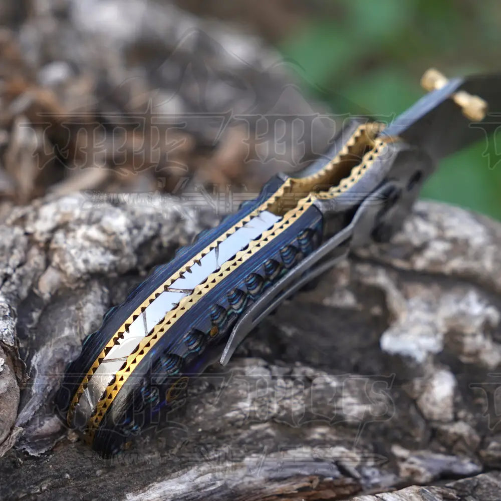 7" Handmade Damascus Pocket Knife with Pocket Clip - Blue Pakka Wood Handle - Damascus Bolster WH 3531 -CP