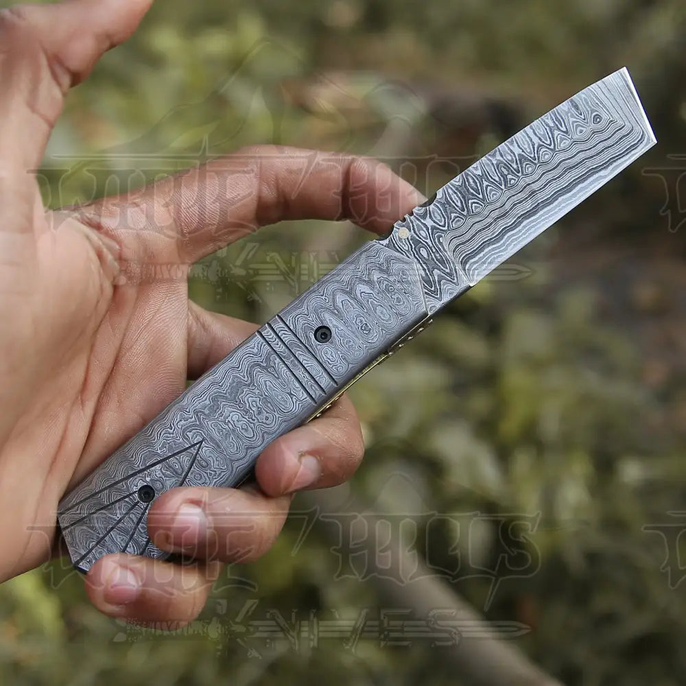 7" Handmade Damascus Steel Pocket Knife - Tanto Style Blade Folding Knife WH 5025