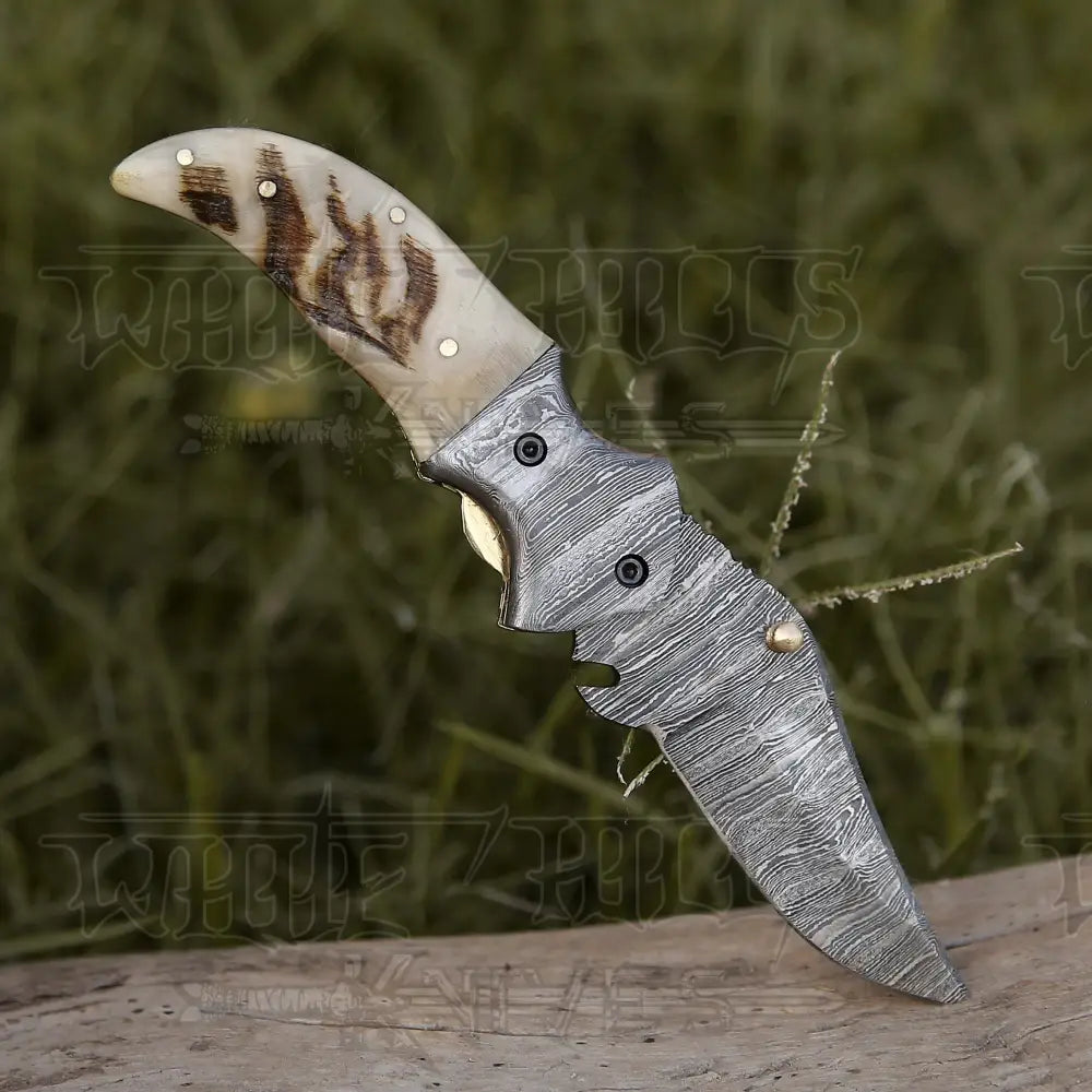 7" Handmade Forged Damascus Pocket Folding Knife - Ram Horn Handle - Damascus Bolster WH 3529