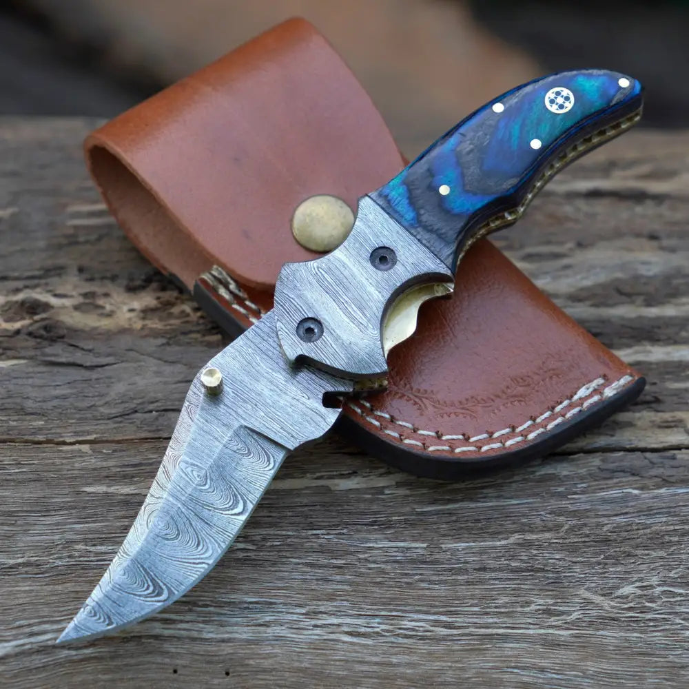 7" Handmade Forged Damascus Pocket Folding Knife with Clip - Pakka Wood Handle - Damascus Bolster WH 3537-CP