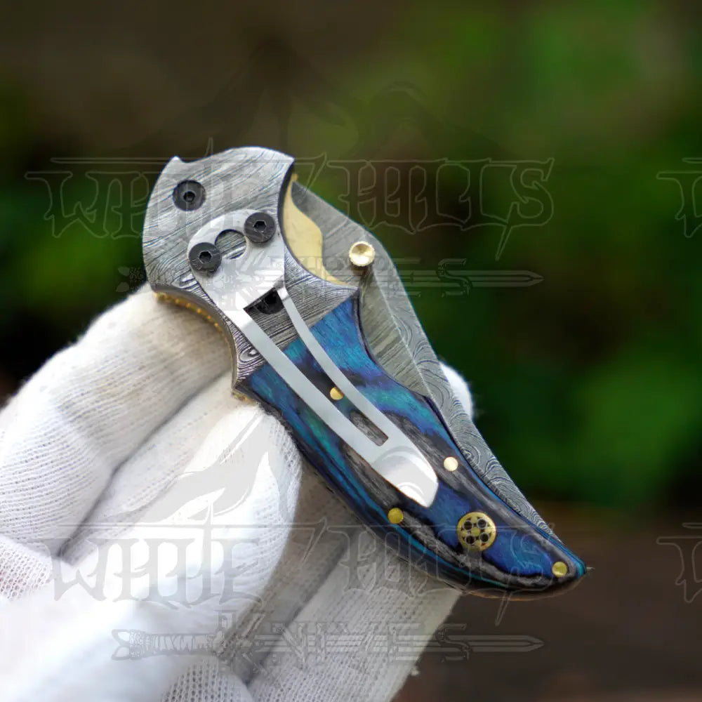 7" Handmade Forged Damascus Pocket Folding Knife with Clip - Pakka Wood Handle - Damascus Bolster WH 3537-CP
