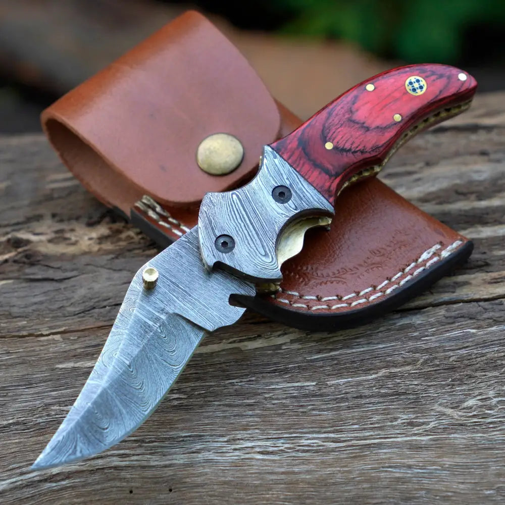 7" Handmade Forged Damascus Pocket Folding Knife with clip - Pakka Wood Handle - Damascus Bolster WH 3538-CP