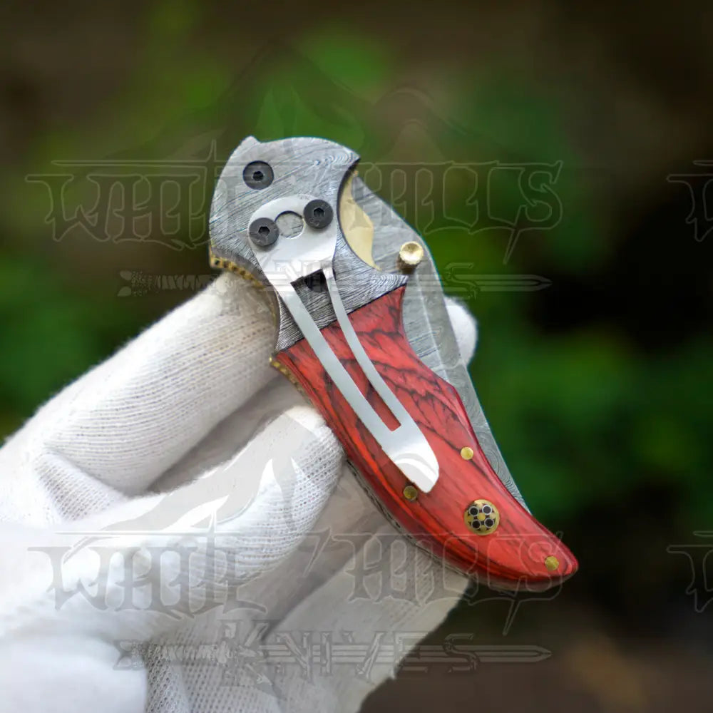 7" Handmade Forged Damascus Pocket Folding Knife with clip - Pakka Wood Handle - Damascus Bolster WH 3538-CP