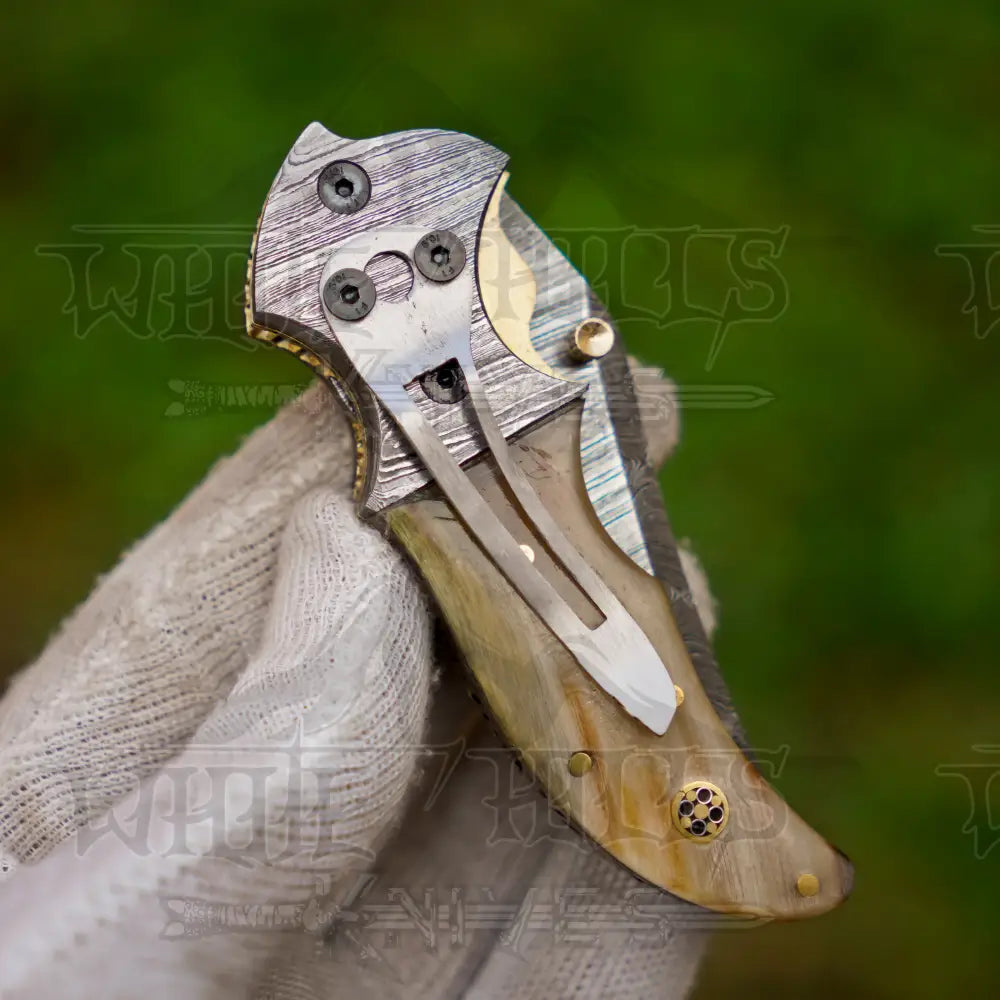 7" Handmade Forged Damascus Pocket Knife with Pocket Clip - Ram Horn Handle - Damascus Bolster WH 3529-CP