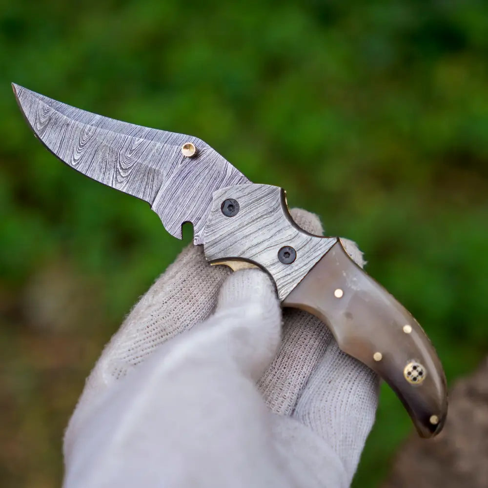 7" Handmade Forged Damascus Pocket Knife with Pocket Clip - Ram Horn Handle - Damascus Bolster WH 3529-CP