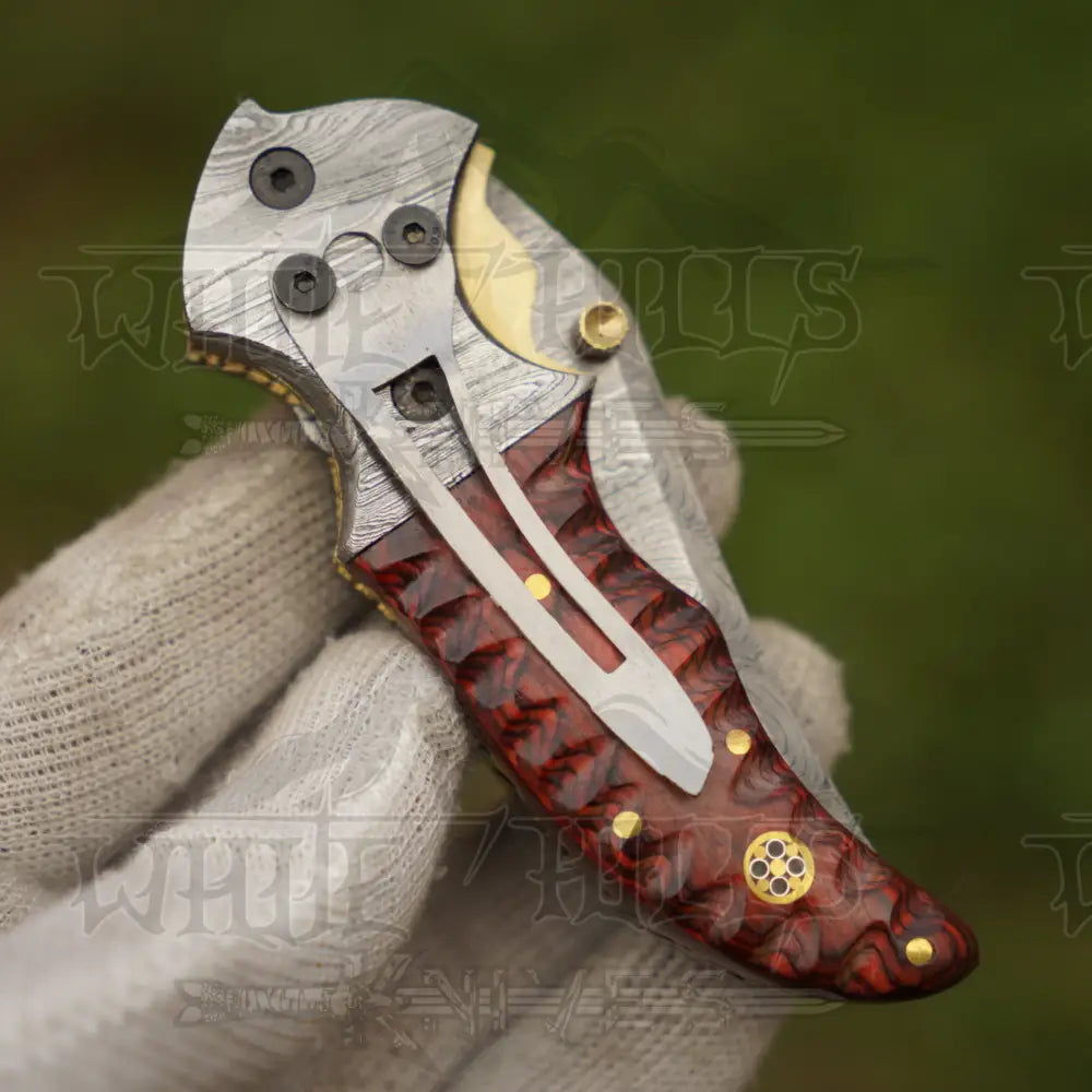 7" Handmade Forged Damascus Pocket Knife with Pocket Clip - Red Pakka Wood Handle - Damascus Bolster WH 3534-CP