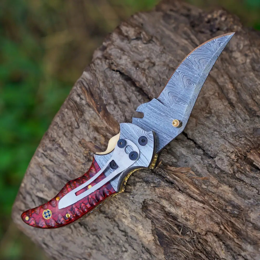 7" Handmade Forged Damascus Pocket Knife with Pocket Clip - Red Pakka Wood Handle - Damascus Bolster WH 3534-CP