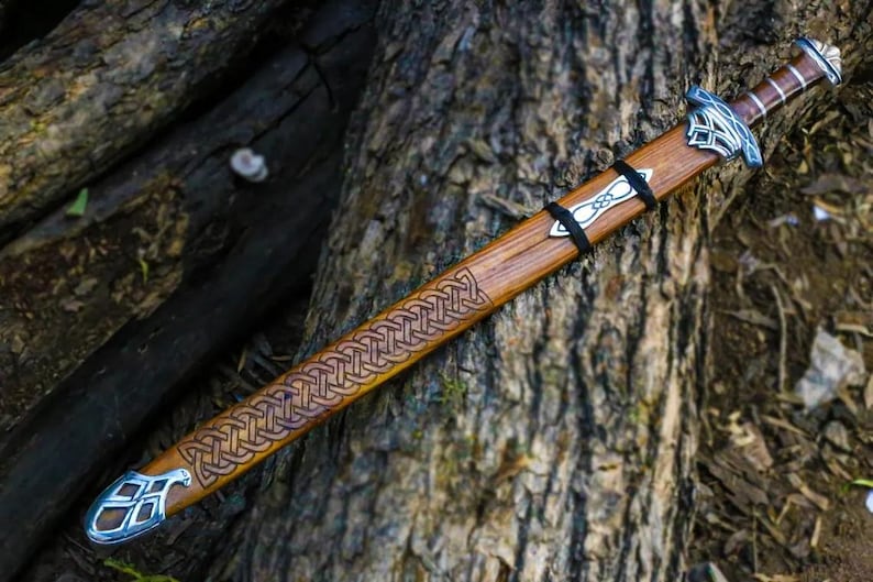 Handmade Damascus Steel Real Viking Style Sword, | Full Tang Blade with Wooden Handle and Scabbard |