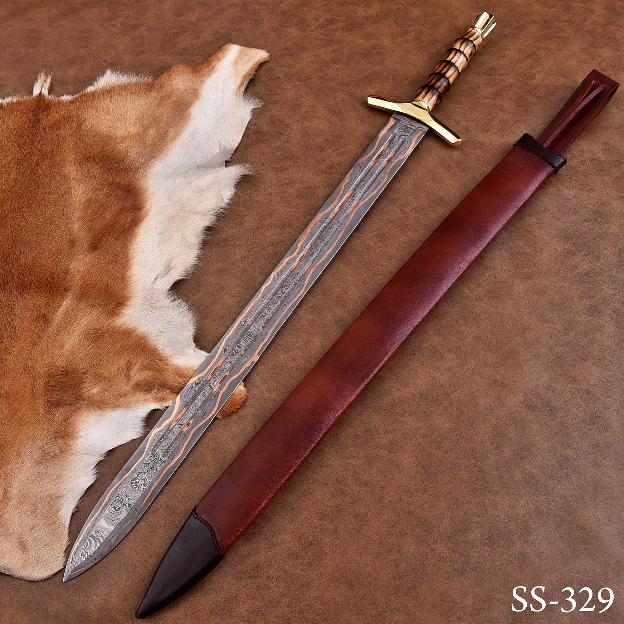 Handmade Custom Copper Damascus Real Viking Style Sword with free wooden box QC-329