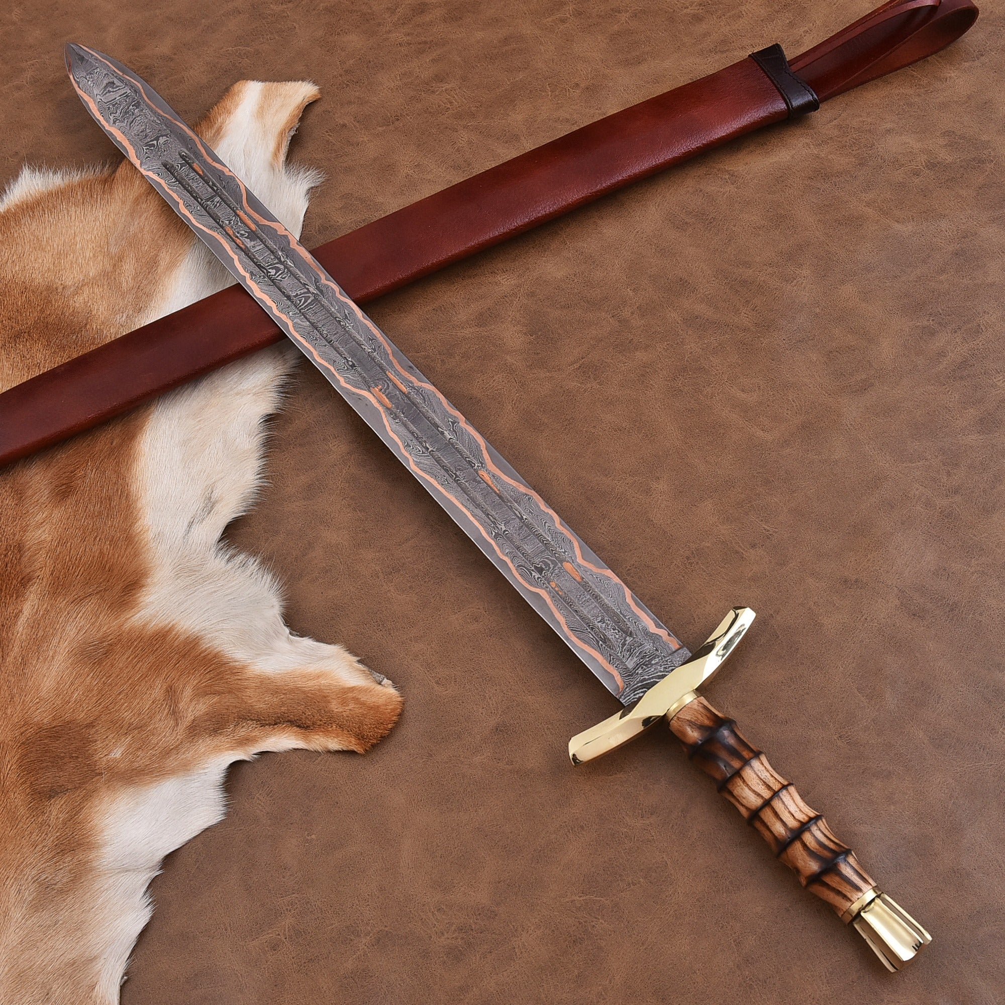 Handmade Custom Copper Damascus Real Viking Style Sword with free wooden box QC-329