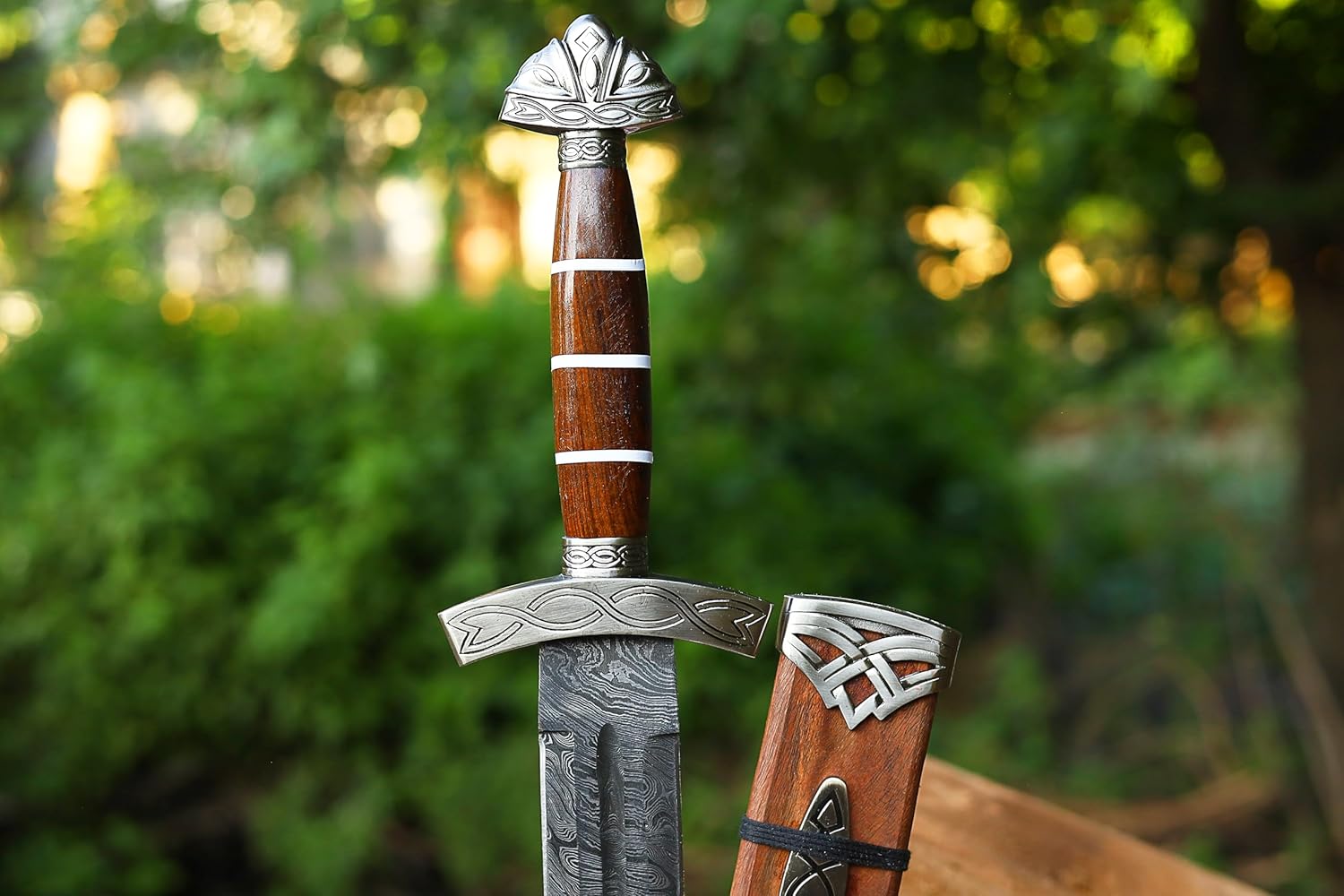 Handmade Damascus Steel Real Viking Style Sword, | Full Tang Blade with Wooden Handle and Scabbard |
