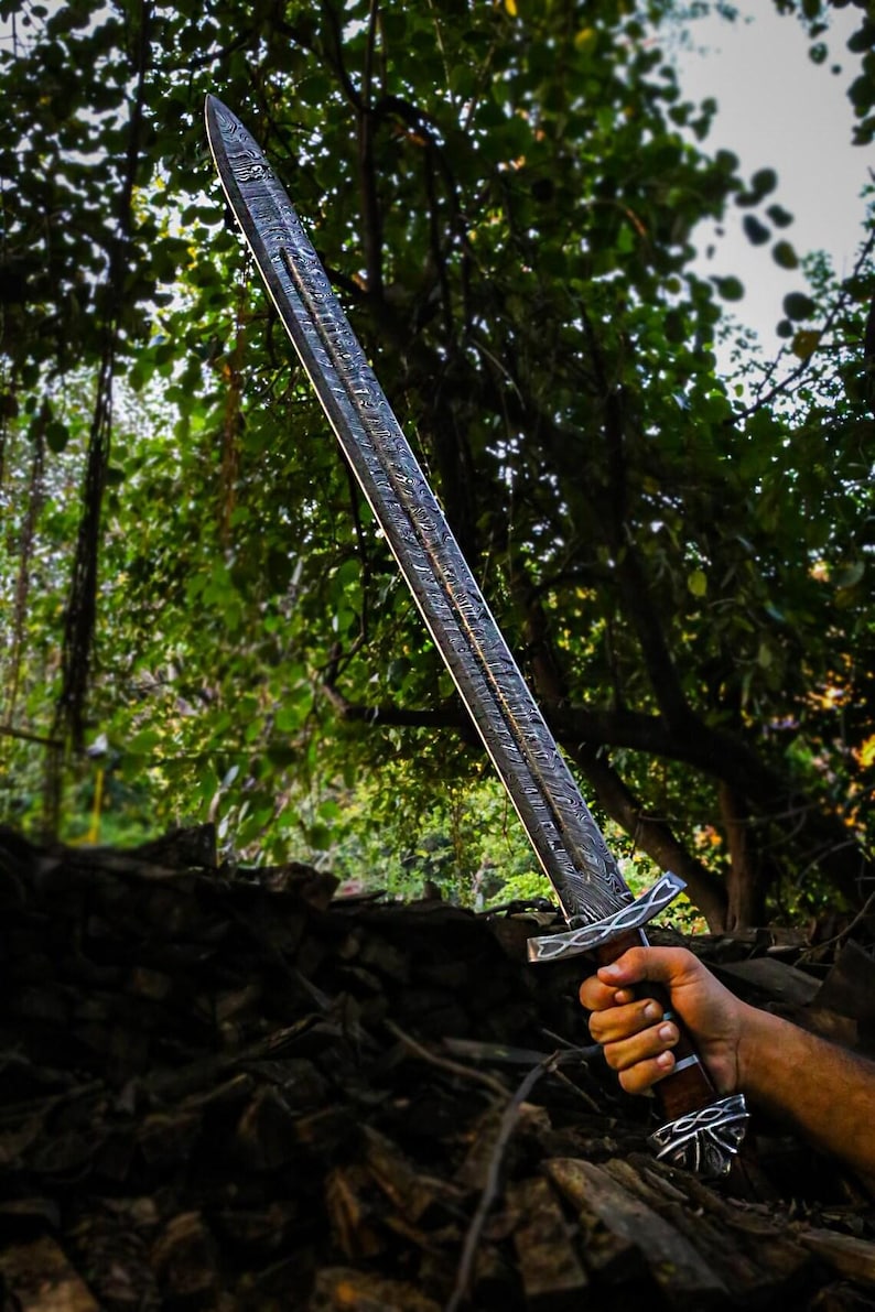 Handmade Damascus Steel Real Viking Style Sword, | Full Tang Blade with Wooden Handle and Scabbard |
