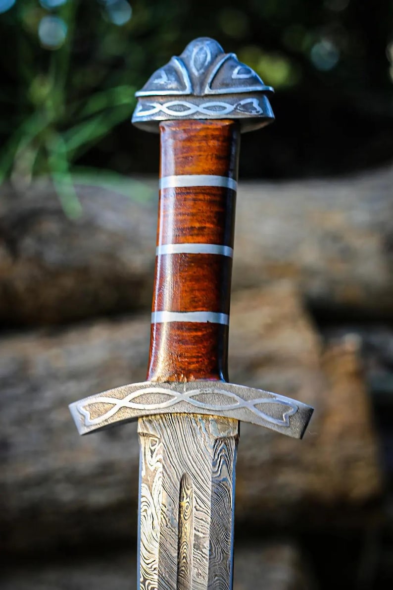 Handmade Damascus Steel Real Viking Style Sword, | Full Tang Blade with Wooden Handle and Scabbard |