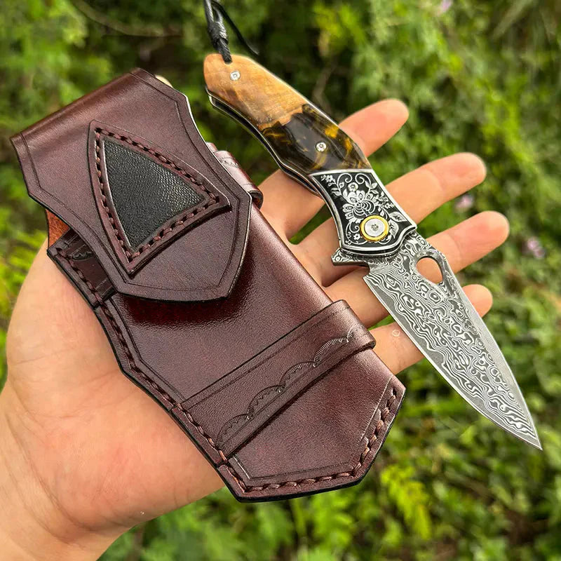 Handmade Damascus Steel Pocket Knife - Folding Knife - Outdoor Camping Hunting Survival Knife EDC - VG10 Damascus Steel