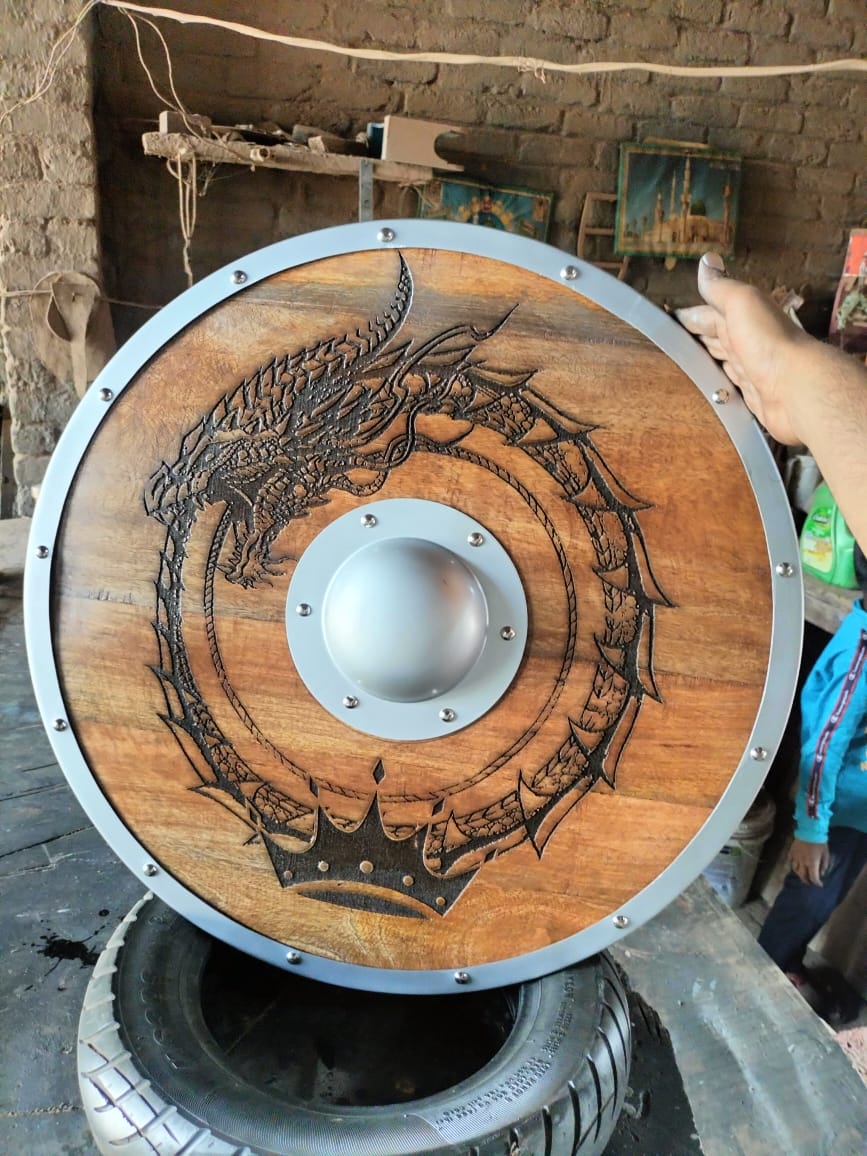 Carved Norse Runic Dragon Shield With Crown Authentic Viking Shield, 24"