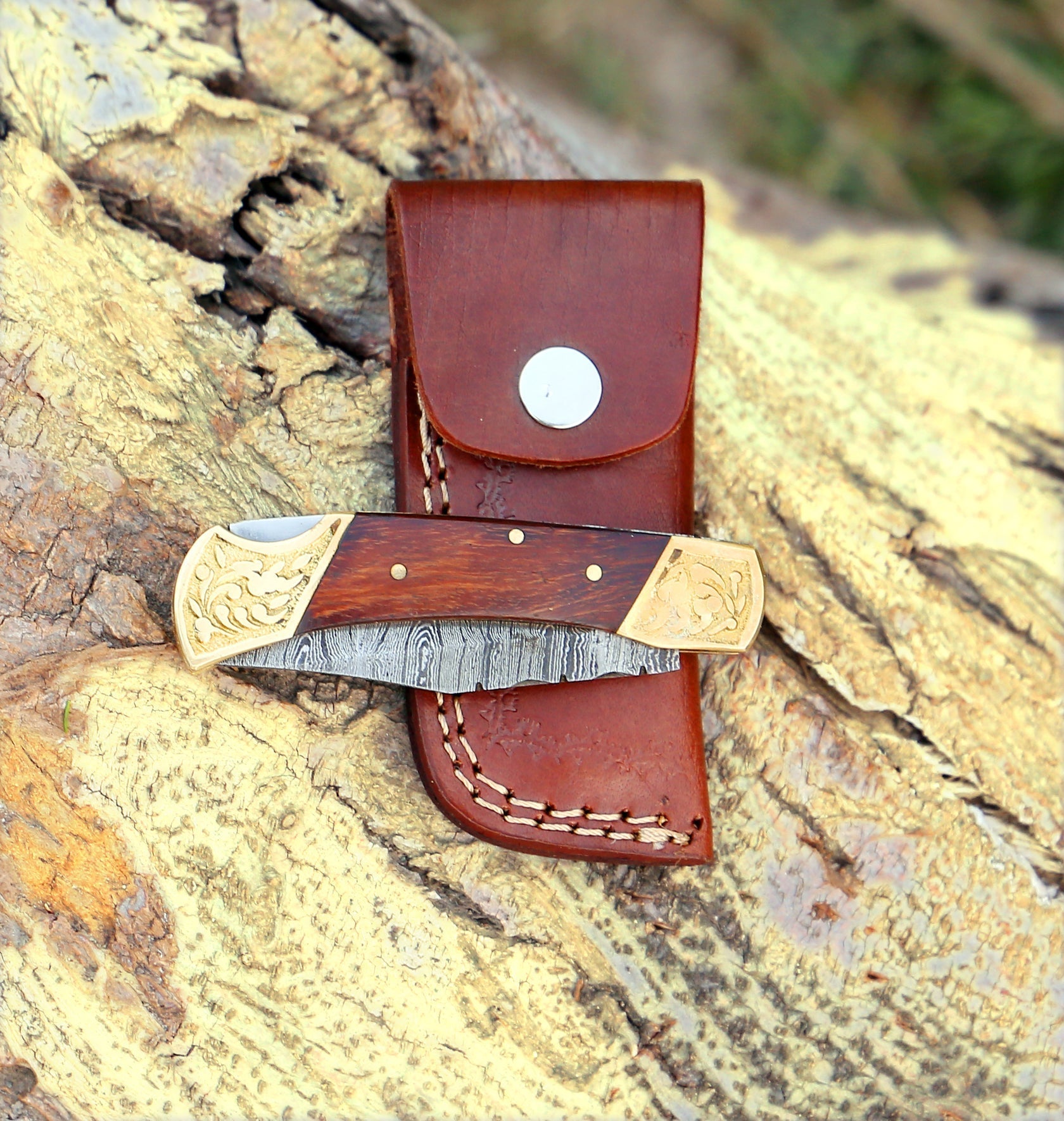 Custom Hand Forged Damascus Folding Knife Engraved Bolster With Rose Wood Handle WH 1559