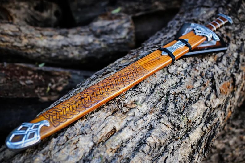 Handmade Damascus Steel Real Viking Style Sword, | Full Tang Blade with Wooden Handle and Scabbard |