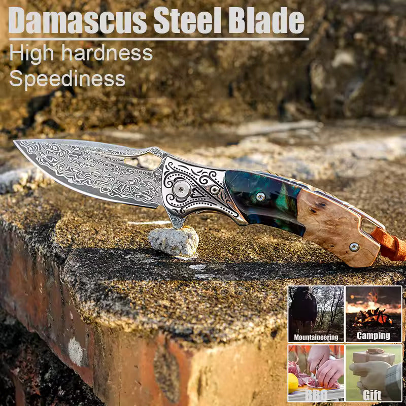 Hand Forged Damascus Steel Hunting Pocket Knife-Camping Folding Blade With Pocket Clip