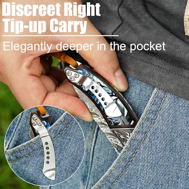 7" Handmade Damascus Pocket Knife with Pocket Clip - Resin & Ebony Wood - Flame Carved Steel Head Bolster