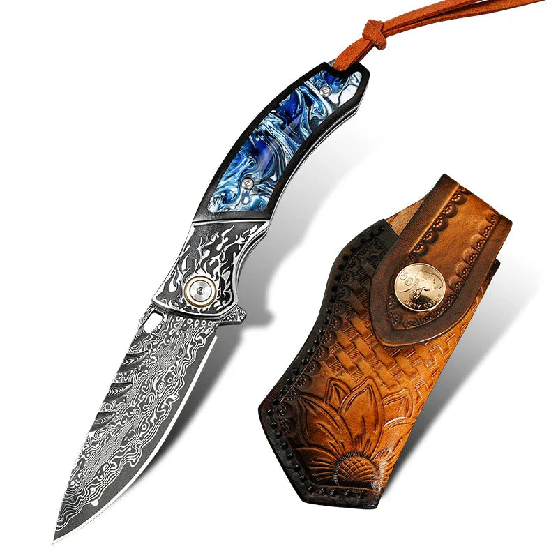 7" Handmade Damascus Pocket Knife with Pocket Clip - Resin & Ebony Wood - Flame Carved Steel Head Bolster