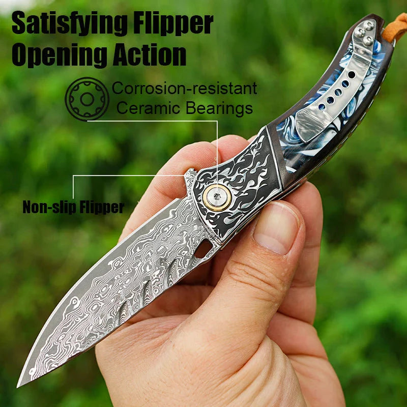 7" Handmade Damascus Pocket Knife with Pocket Clip - Resin & Ebony Wood - Flame Carved Steel Head Bolster