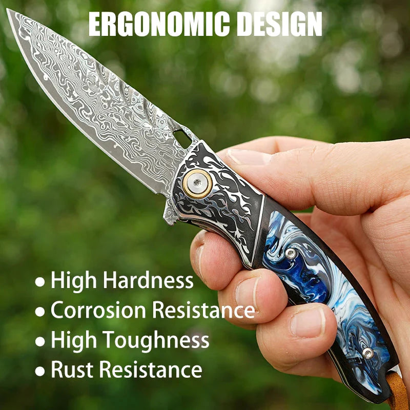 7" Handmade Damascus Pocket Knife with Pocket Clip - Resin & Ebony Wood - Flame Carved Steel Head Bolster