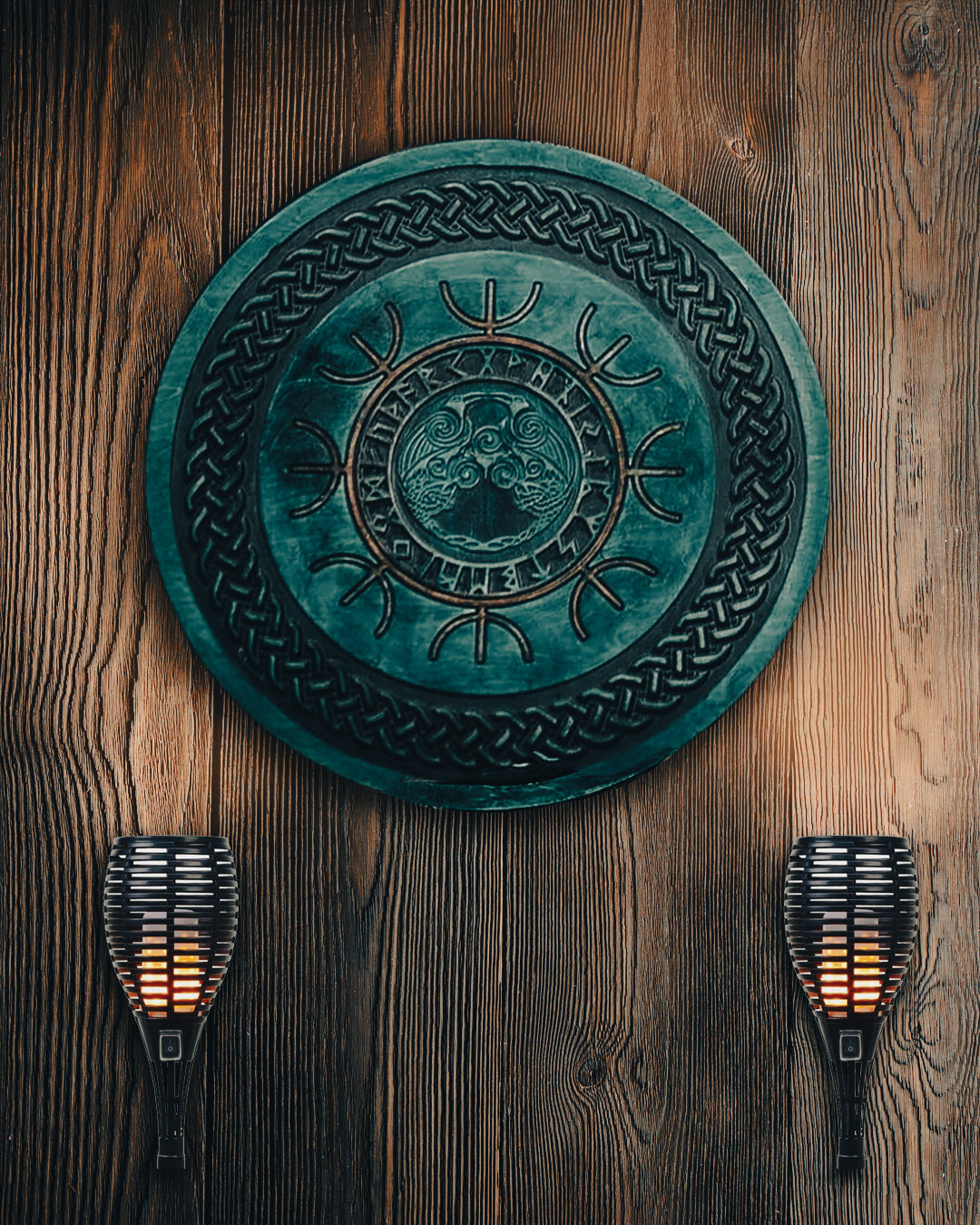 Viking Shield with Carved Odin's Raven Huginn and Muninn Symbols, 24"