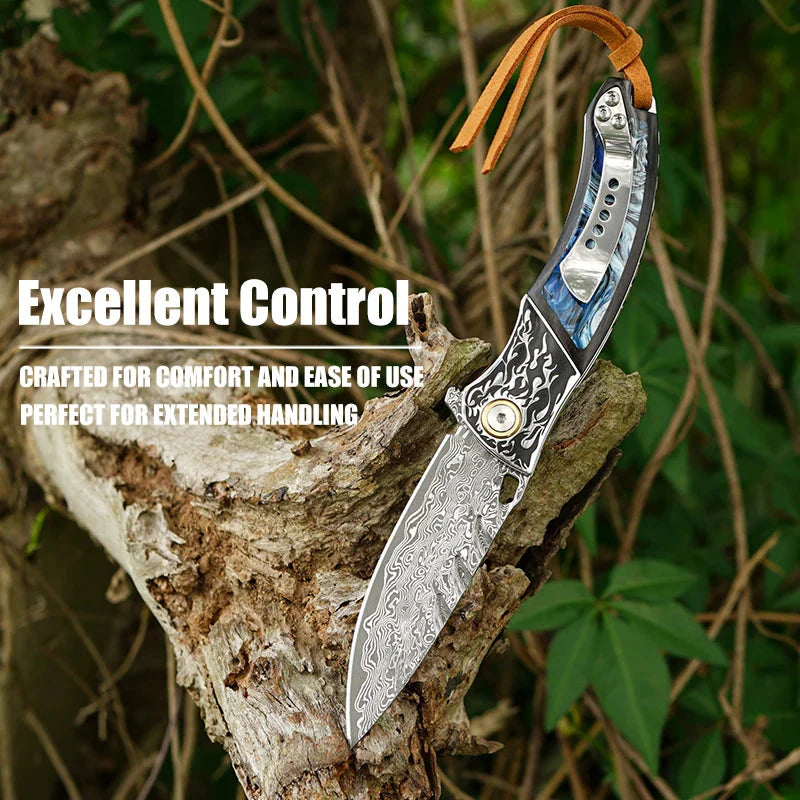 7" Handmade Damascus Pocket Knife with Pocket Clip - Resin & Ebony Wood - Flame Carved Steel Head Bolster