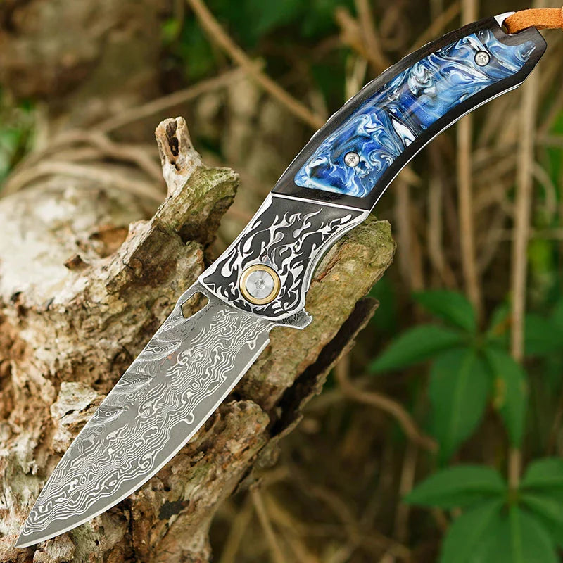 7" Handmade Damascus Pocket Knife with Pocket Clip - Resin & Ebony Wood - Flame Carved Steel Head Bolster
