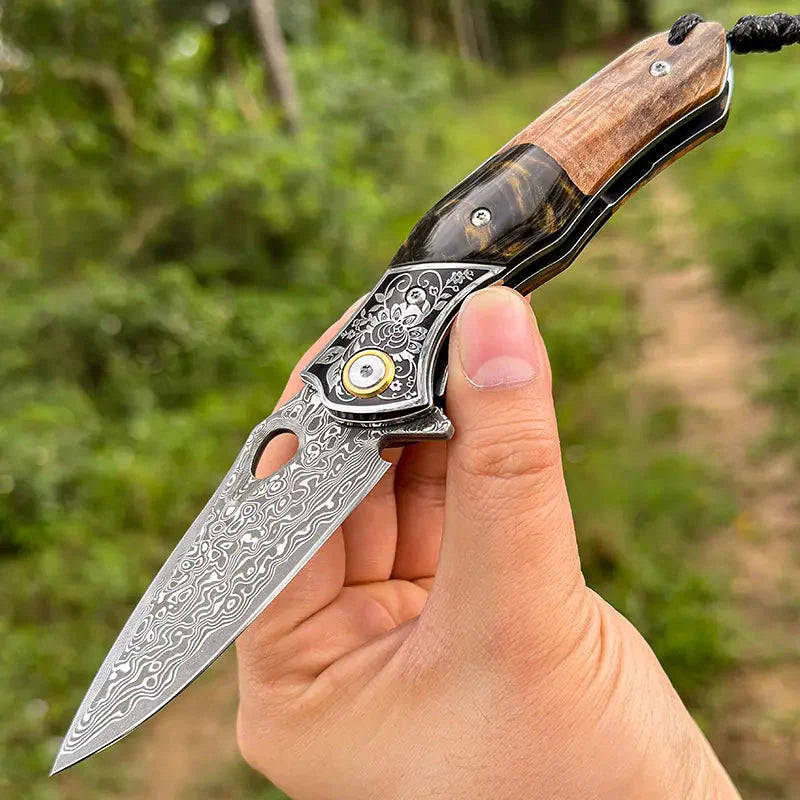 Handmade Damascus Steel Pocket Knife - Folding Knife - Outdoor Camping Hunting Survival Knife EDC - VG10 Damascus Steel