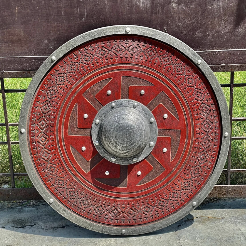 Red Carved Kolovrat Slavic Sun Viking Shield, 24"
