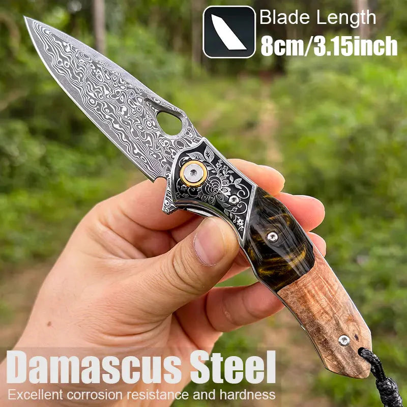 Handmade Damascus Steel Pocket Knife - Folding Knife - Outdoor Camping Hunting Survival Knife EDC - VG10 Damascus Steel