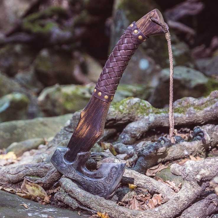 Custom Hand Forged Odin Valknut Symbol Etched Carbon Steel Viking Axe with Leather Sheath