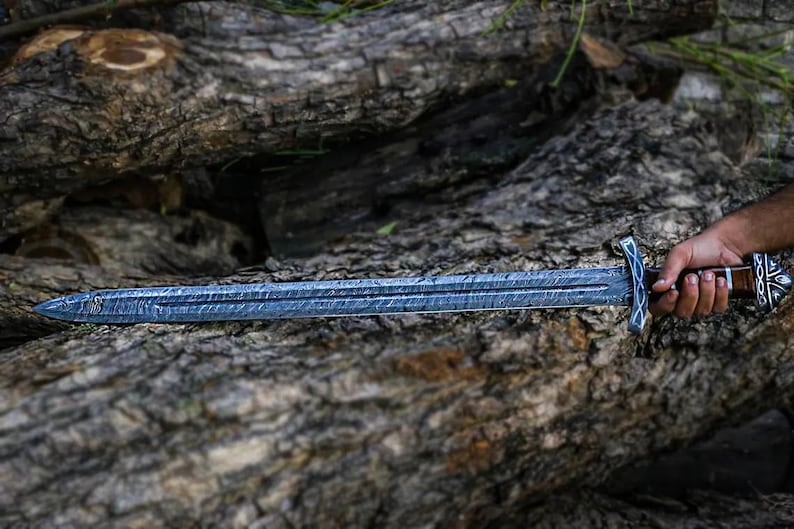 Handmade Damascus Steel Real Viking Style Sword, | Full Tang Blade with Wooden Handle and Scabbard |