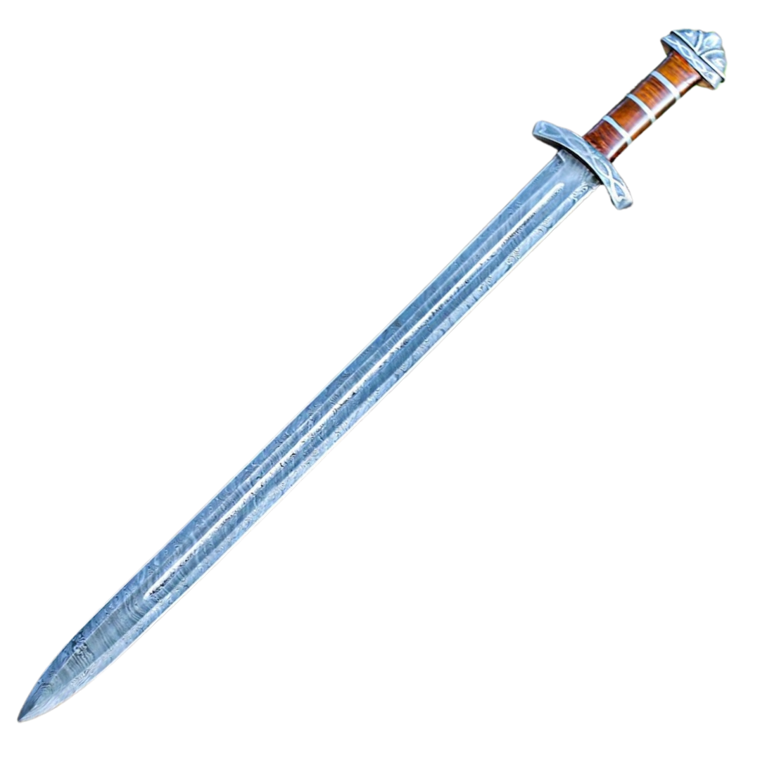 Handmade Damascus Steel Real Viking Style Sword, | Full Tang Blade with Wooden Handle and Scabbard |